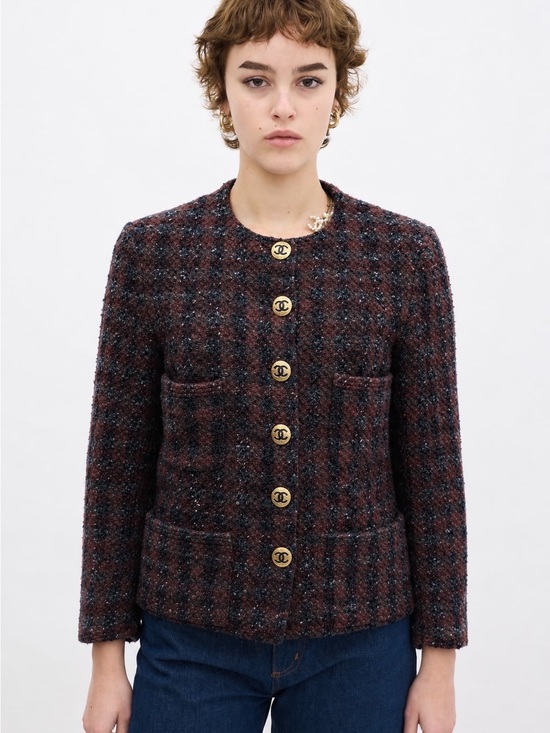 CHANEL Jackets & Blazers - AUTHENTIC Chanel vintage Women's Tweed Button-Up Jacket in Burgundy Plaid